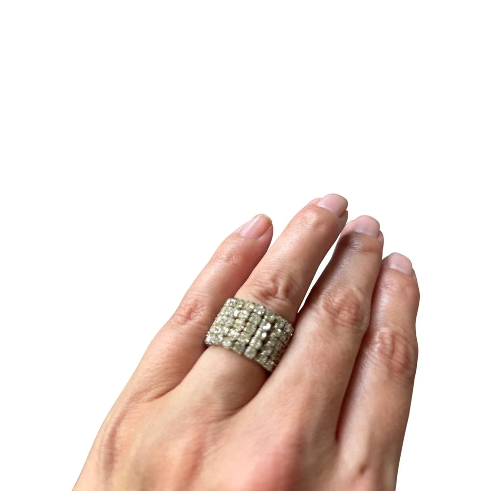 Vintage Rhinestone Stretch Ring Size‎ 7 Silver Tone 5-Row Glam Statement Jewelry